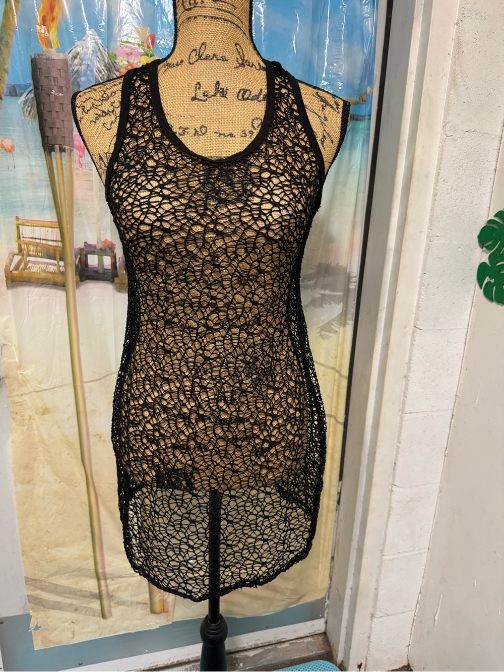Ingear Black Crochet Open-Knit Tank Cover-Up